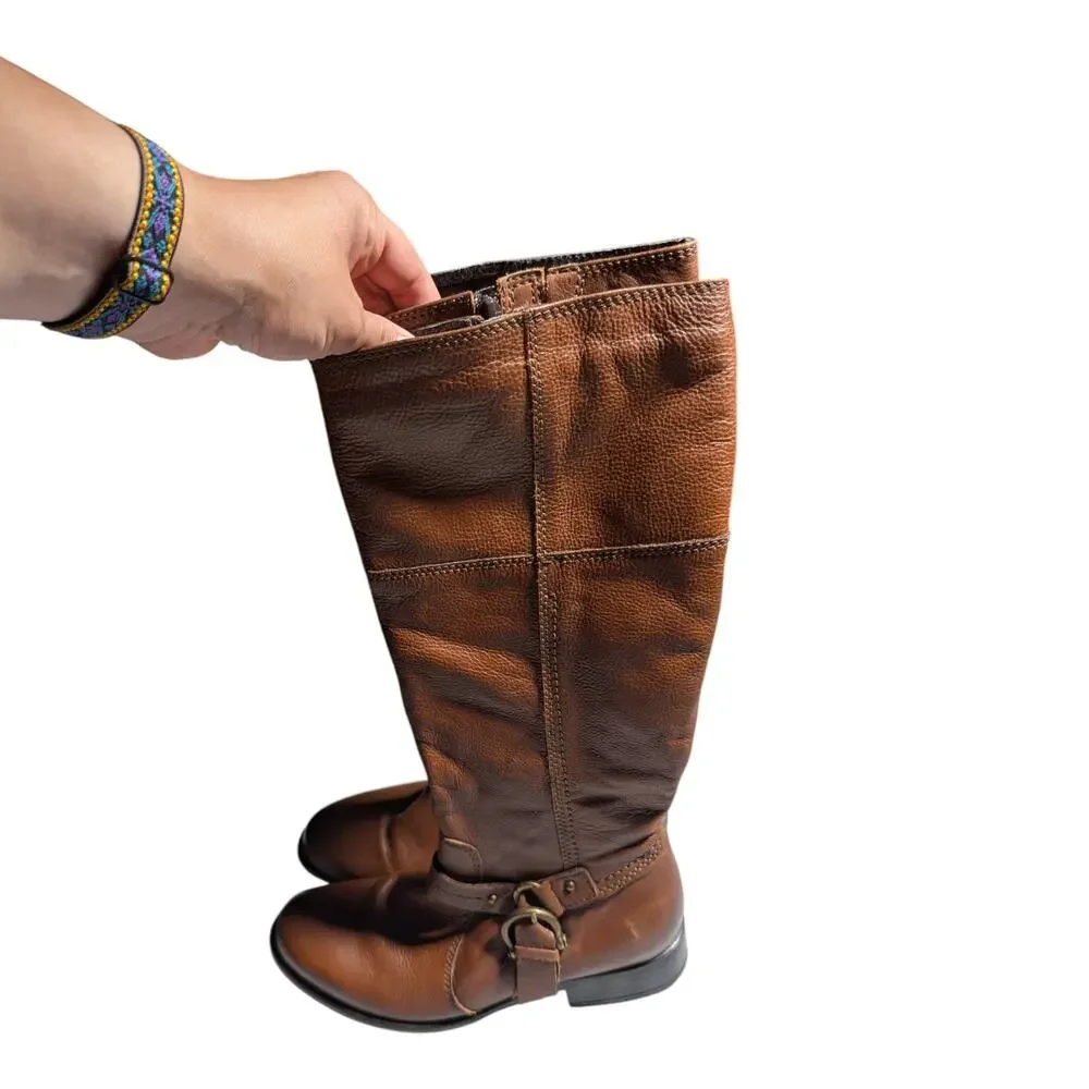 Clarks Plaza Pug Cognac Brown Leather Harness Knee High Flat Riding Boots Sz 7.5